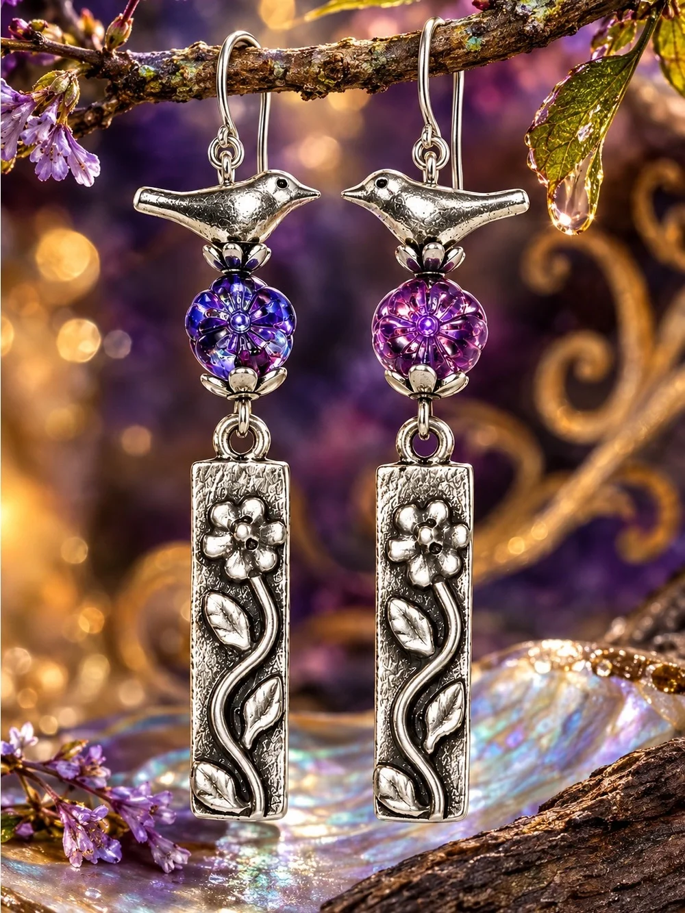 Silver Bird & Purple Czech Glass Flower Dangle Earrings, Artisan Handmade